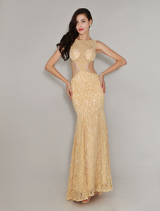 Robe de soirée sirène maxi en dentelle champagne avec dentelle de col bateau