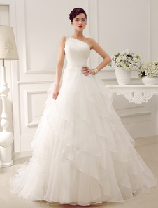 Organza Satin Ivoire strass une épaule Tulle robe de mariée