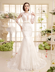 Robe mariage sirène ivoire avec dentelle à col rond