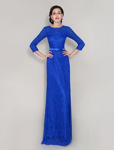 Robe de mère en dentelle bleue royale col rond avec ceinture et nœud de longueur plancher