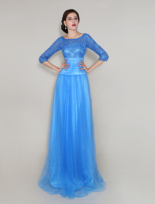 Robe mère de mariés en tulle bleu de col rond avec dentelle longueur plancher