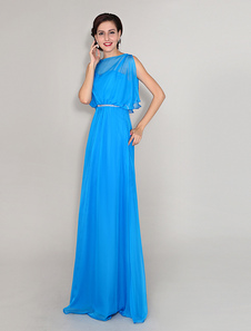 Robe mère de mariés bleue océan de col bateau avec strass