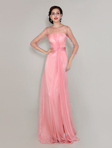 Robe mère de mariés plissée rose de col rond à tordu et longueur plancher