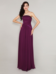 Robe longue fascinante de soirée plissée bustier A-ligne en chiffon pourpre