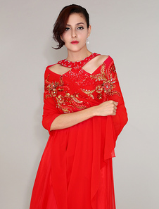 Châle de mariage en tulle rouge ouvert devant avec paillettes