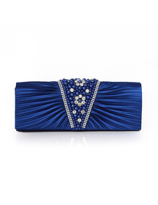 Pochette de soirée plissée femme en satin losangé avec perles à bandoulière