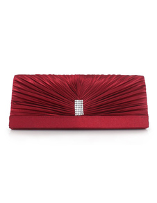 Pochette de soirée féminine en satin unicolore plissé avec strass à bandoulière