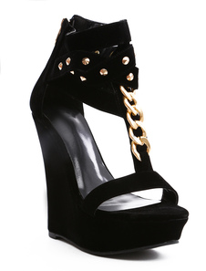 Sandales élégantes compensées noires en micro daim avec chaîne