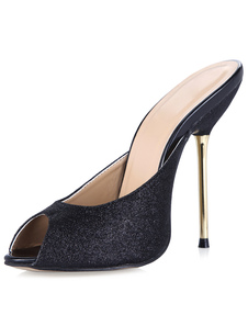 Sandales confortables mules à peep-toe en tissu de paillettes à talons aigus