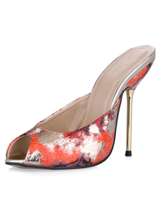 Sandales fascinantes mules à peep-toe en PU bicolore à talons aigus