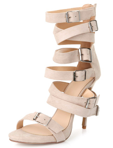 Sandales gladiateur hautes en peau de mouton suédée à talon aigu avec boucle