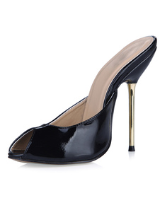 Populaires sandales mules à peep-toe en PU verni unicolore à talons aigus