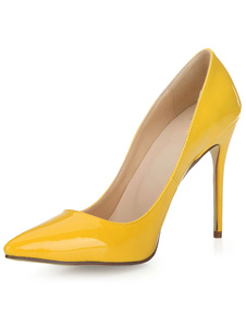 Escarpins femme à bout pointu et talon aigu en PU verni jaune