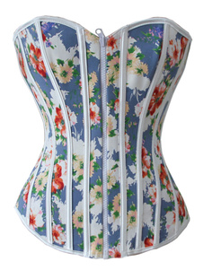 Corset féminin bleu en coton imprimé fleuri avec zip et lacets de dentelle