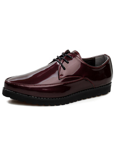 Chaussures chic homme en PU verni bordeaux avec lacet et bout pointu