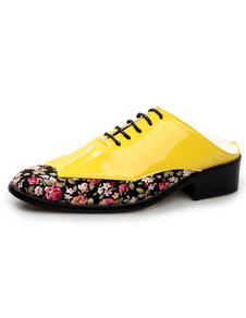 Chaussure homme vernie jaune imprimé fleuri de talon découvert et bout pointu