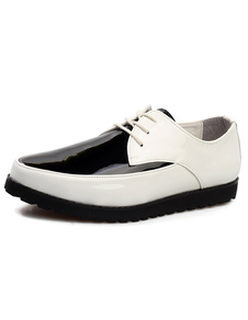 Chaussures homme en PU verni blanc bicolore avec lacet et bout pointu