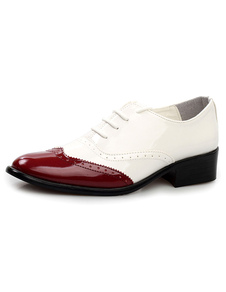 Chaussures homme en PU verni bordeaux avec lacet et bout pointu