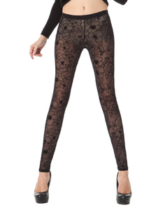 Leggins rétro pour femmes mode en dentelle noires jacquard avec crochet