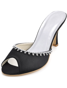 Satin et strass noir Peep Toe soie jolie chaussures de soirée femmes