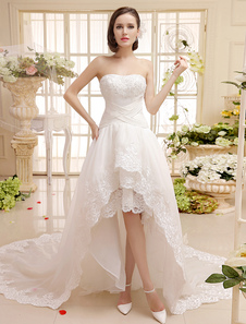 Robe mariage en organza ivoire asymétrique de col coeur avec applique et dentelle