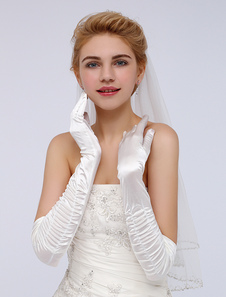 Gants plissés élastiques en satin stretch ivoire de mariage longueur de bras