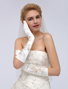 Gants creusés ivoires de mariage longueur de coude avec dentelle et strass