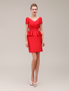 Mini robe mère de mariés plissée en taffetas rouge de col V avec petite jupe