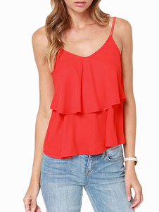 Charmant débardeur féminin en chiffon unicolore à volants multicouche