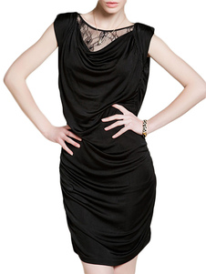 Robe droite large en polyester noir à dos décolleté avec dentelle col bénitier