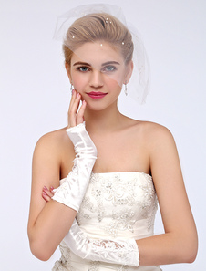 Gants de mariée en satin stretch ivoire longueurde coude avec dentelle de fleur