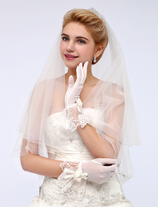 Gants en tulle ivoire de mariage longueur de poignet avec dentelle et fleurs