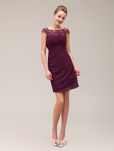 Mini robe mère de mariés plissée en chiffon pourpre de col bateau avec dentelle