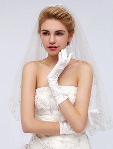 Gants en satin stretch ivoire de mariage longueur de poignet avec nœud et perle