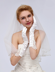 Gants en satin stretch ivoire de mariage longueur de coude avec dentelle au bout