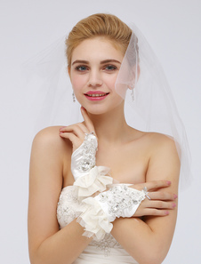 Gants de mariée ivoires longueur de poignet sans doigt avec strass et dentelle