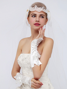 Gants ivoires de mariée longueur de coude sans doigt avec nœuds et strass