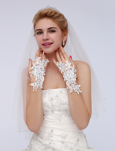 Gants mitaines en polyester ivoire avec fleur et cristal