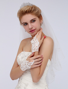 Gants mitaines en polyester blanc orné de dentelle et paillette