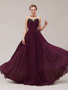 Robe de soirée en tulle pourpre avec applique et paillette de col rond longueur plancher