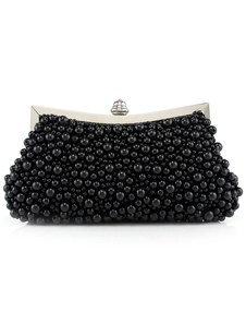 Pochette de soirée unicolore avec perles noires à bandoulière pour femme