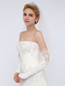 Gants de mariée en satin ivoire longueur de bras avec dentelle et paillette