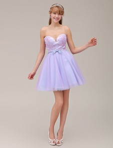 Mini robe de cérémonie color-block en tulle de col coeur profond avec perles et dentelle