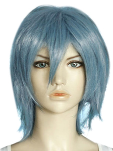 Perruque femme droite courte gris bleu ébouriffée en fibre résistante à la chaleur
