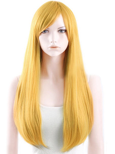 Perruque femme fascinante longue droite d'or ébouriffée de frange oblique