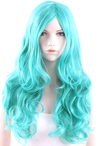 Perruque femme longue frisée bleue océane ébouriffée avec raie au milieu
