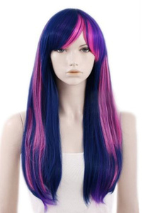Perruque longue droite bicolore rose et violet ébouriffée de raie de côté