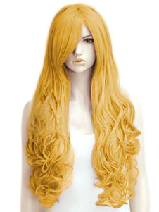 Perruque femme longue frisée jaune ébouriffée en fibre de raie de côté
