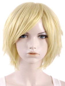 Perruque femme courte dorée claire ébouriffée en fibre droite et raie de côté