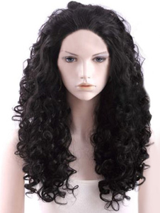 Perruque femme longue noire brunâtre en fibre frisée et boucles en spirale